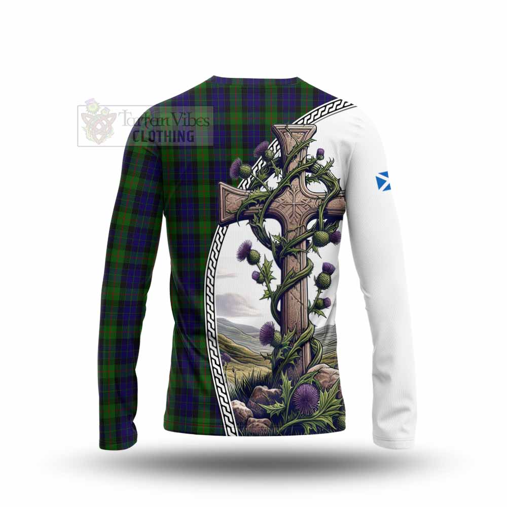 Tartan Vibes Clothing Gunn Tartan Long Sleeve T-Shirt with Family Crest and St. Andrew's Cross Accented by Thistle Vines