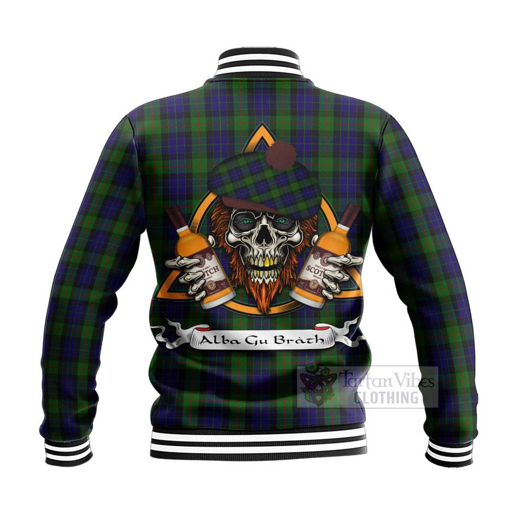 Tartan Vibes Clothing Gunn Tartan Baseball Jacket with Family Crest and Bearded Skull Holding Bottles of Whiskey