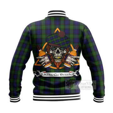 Gunn Tartan Baseball Jacket with Family Crest and Bearded Skull Holding Bottles of Whiskey