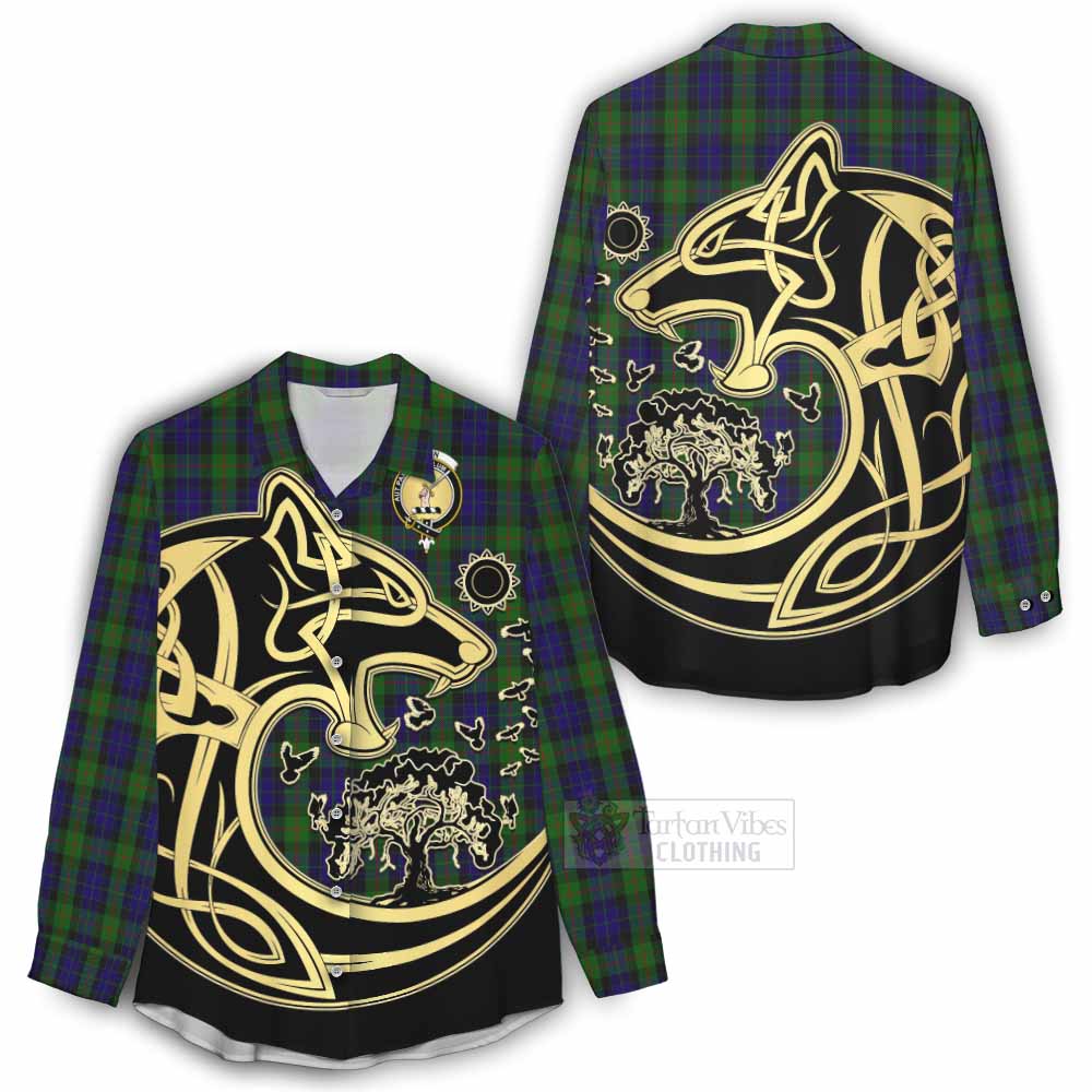 Tartan Vibes Clothing Gunn Tartan Women's Casual Shirt with Family Crest Celtic Wolf Style