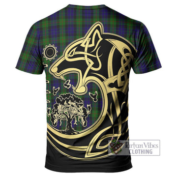 Gunn Tartan T-Shirt with Family Crest Celtic Wolf Style