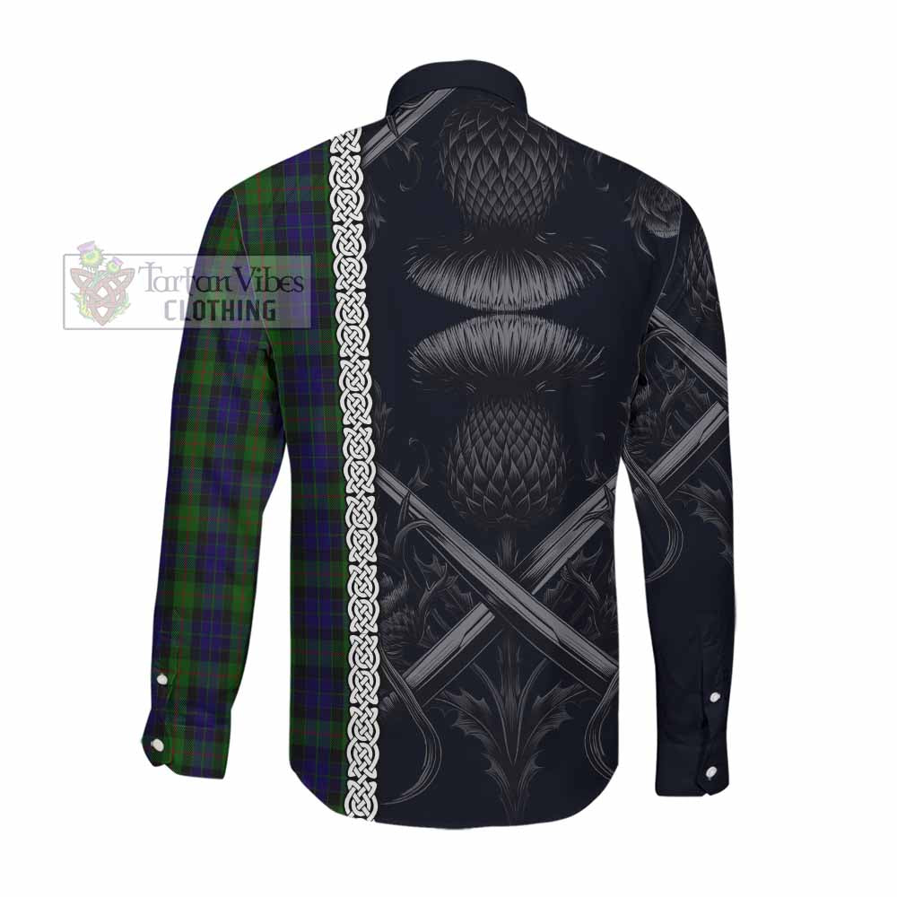 Tartan Vibes Clothing Gunn Tartan Long Sleeve Button Shirt with Family Crest Cross Sword Thistle Celtic Vibes