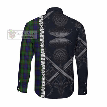 Gunn Tartan Long Sleeve Button Shirt with Family Crest Cross Sword Thistle Celtic Vibes