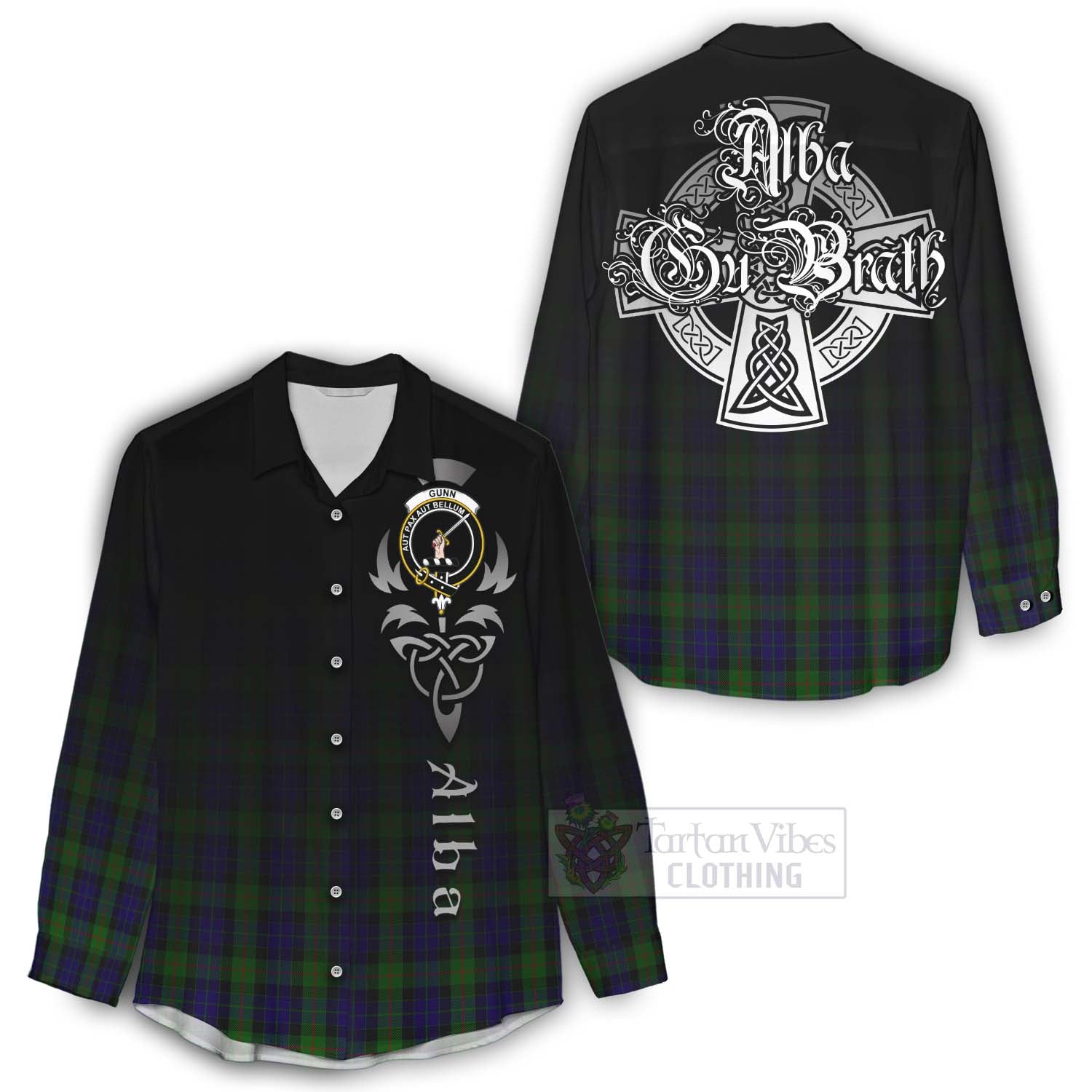 Tartan Vibes Clothing Gunn Tartan Women's Casual Shirt Featuring Alba Gu Brath Family Crest Celtic Inspired