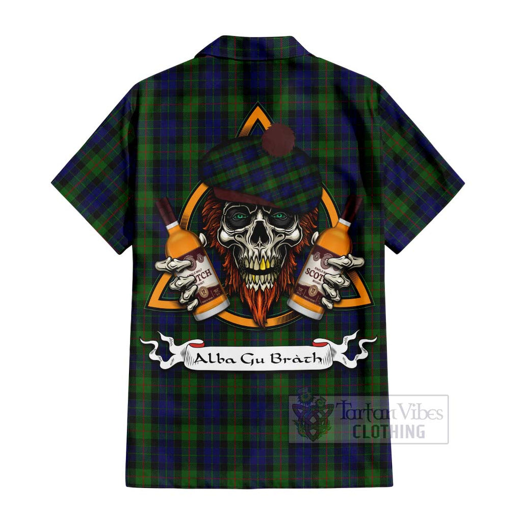 Tartan Vibes Clothing Gunn Tartan Short Sleeve Button Shirt with Family Crest and Bearded Skull Holding Bottles of Whiskey