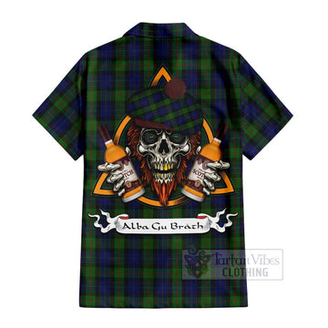 Gunn Tartan Short Sleeve Button Shirt with Family Crest and Bearded Skull Holding Bottles of Whiskey