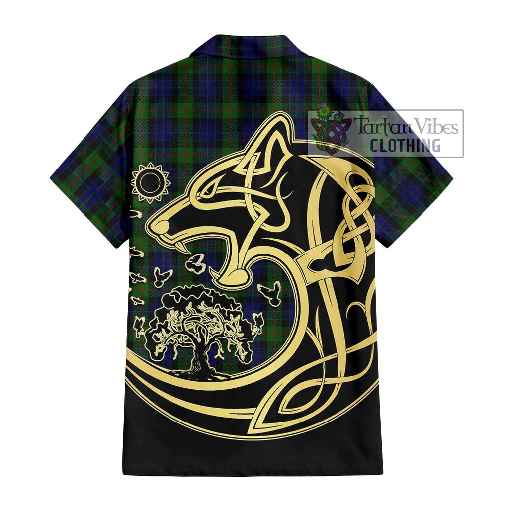 Gunn Tartan Short Sleeve Button Shirt with Family Crest Celtic Wolf Style - Tartan Vibes Clothing