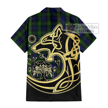 Gunn Tartan Short Sleeve Button Shirt with Family Crest Celtic Wolf Style