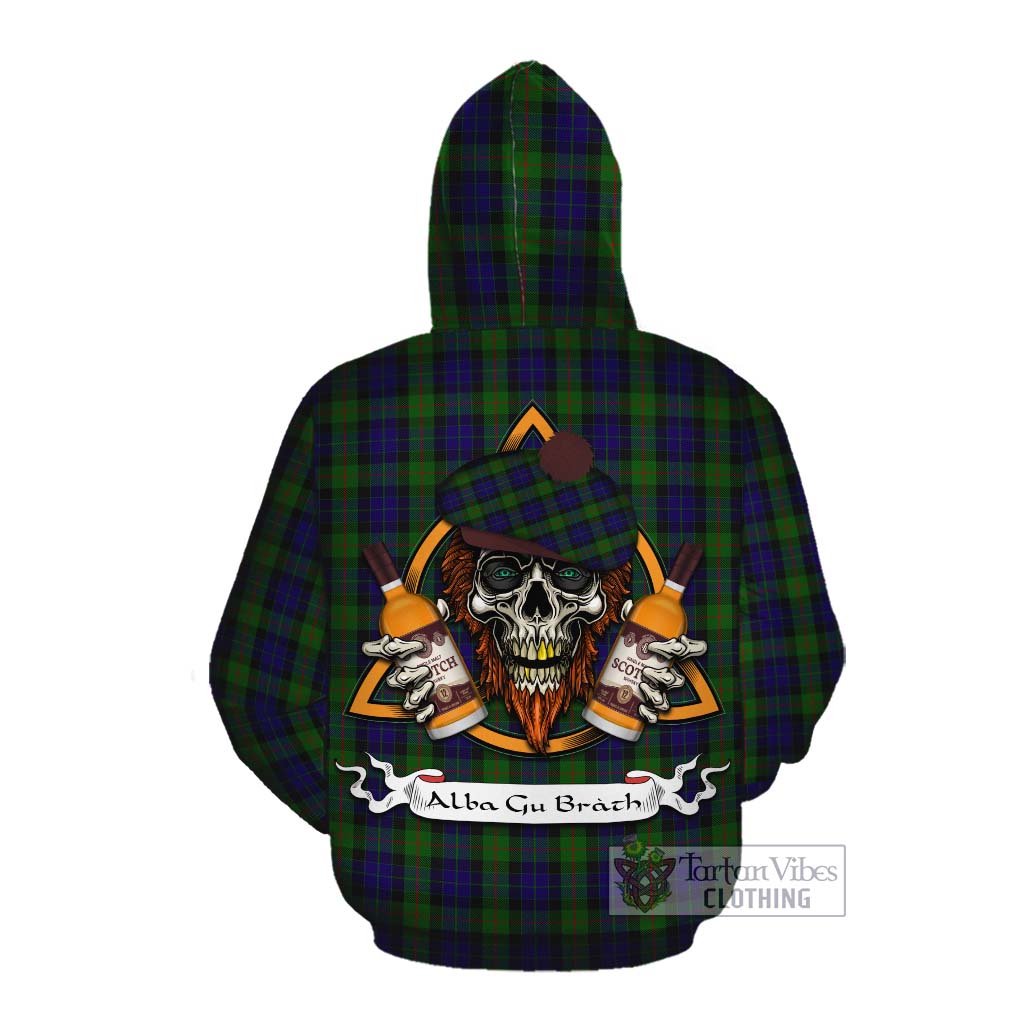 Tartan Vibes Clothing Gunn Tartan Cotton Hoodie with Family Crest and Bearded Skull Holding Bottles of Whiskey