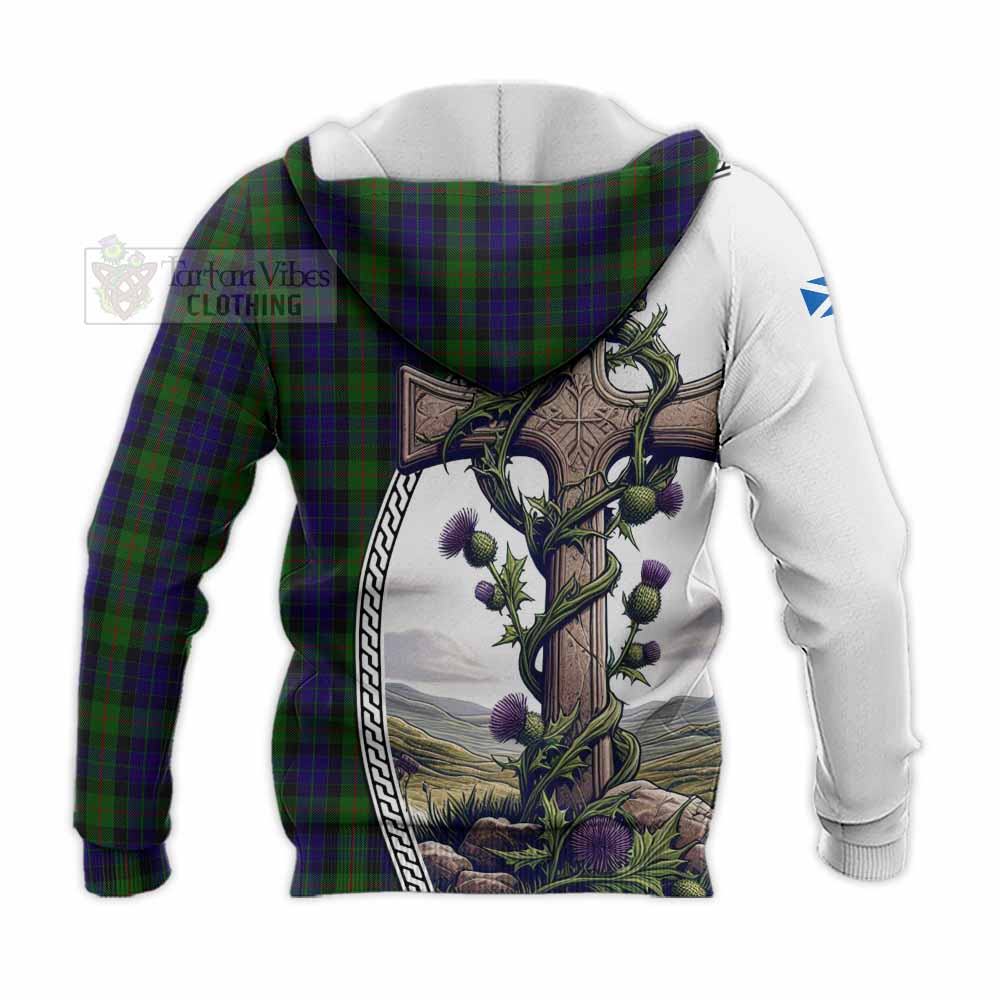 Tartan Vibes Clothing Gunn Tartan Knitted Hoodie with Family Crest and St. Andrew's Cross Accented by Thistle Vines