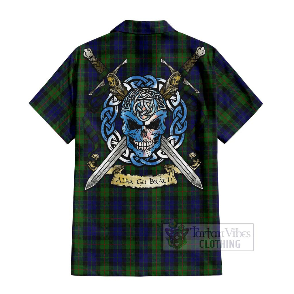 Tartan Vibes Clothing Gunn Tartan Short Sleeve Button Shirt with Family Crest Celtic Skull Style