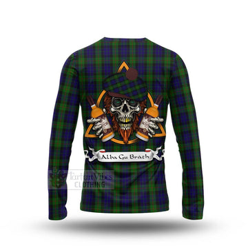 Gunn Tartan Long Sleeve T-Shirt with Family Crest and Bearded Skull Holding Bottles of Whiskey