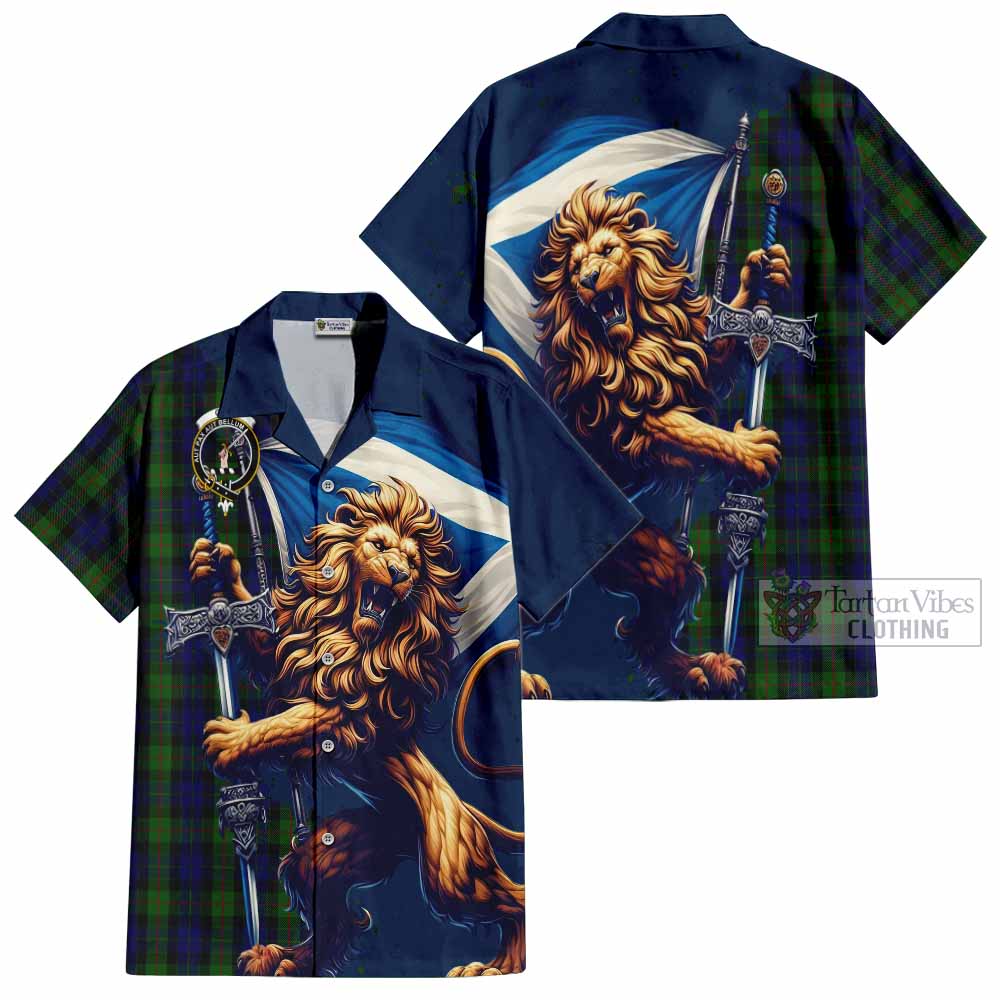 Tartan Vibes Clothing Gunn Tartan Family Crest Short Sleeve Button Shirt with Scottish Majestic Lion