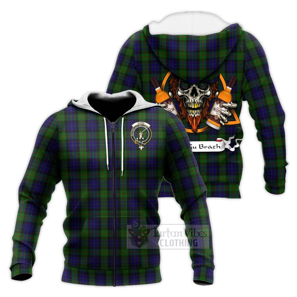 Tartan Vibes Clothing Gunn Tartan Knitted Hoodie with Family Crest and Bearded Skull Holding Bottles of Whiskey