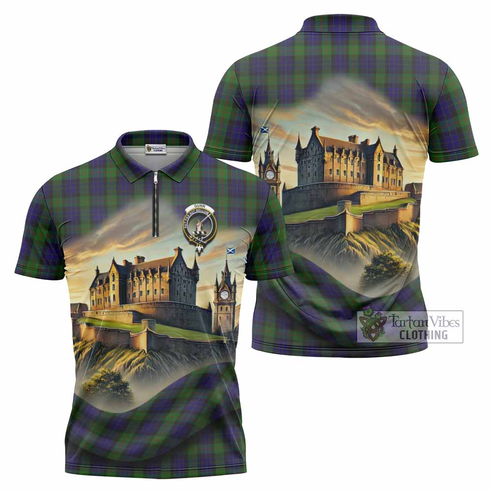Gunn Tartan Family Crest Zipper Polo Shirt with Scottish Ancient Castle Style - Tartan Vibes Clothing