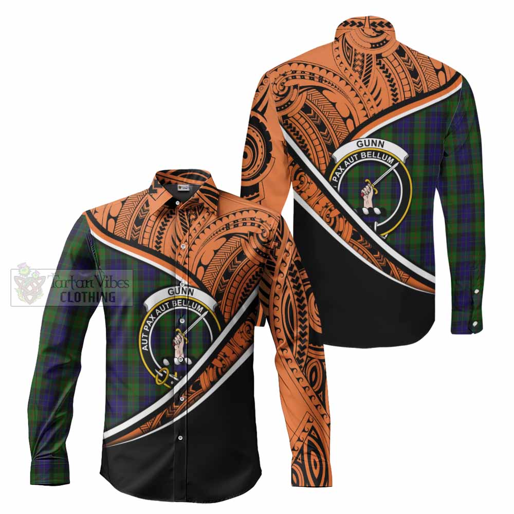 Tartan Vibes Clothing Gunn Crest Tartan Long Sleeve Button Shirt with Maori Tattoo Style - Orange Version