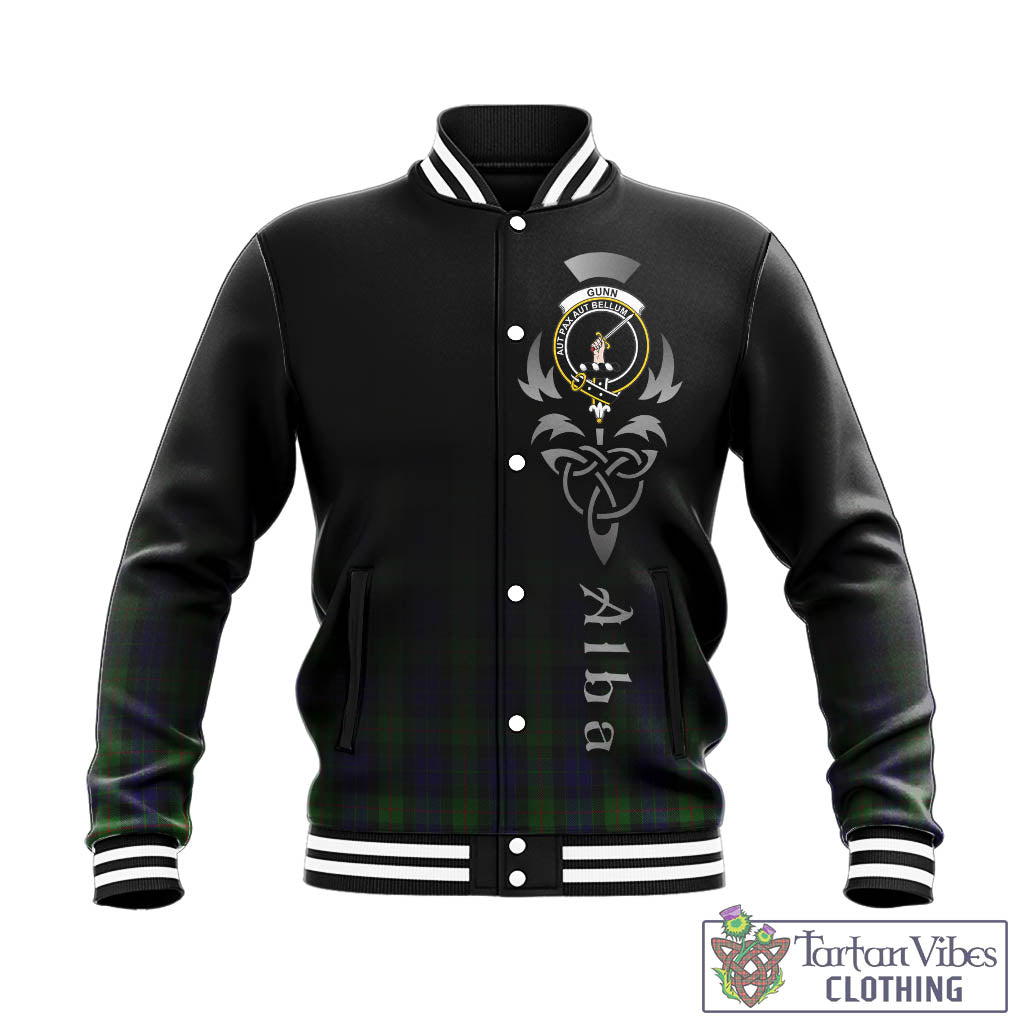 Tartan Vibes Clothing Gunn Tartan Baseball Jacket Featuring Alba Gu Brath Family Crest Celtic Inspired