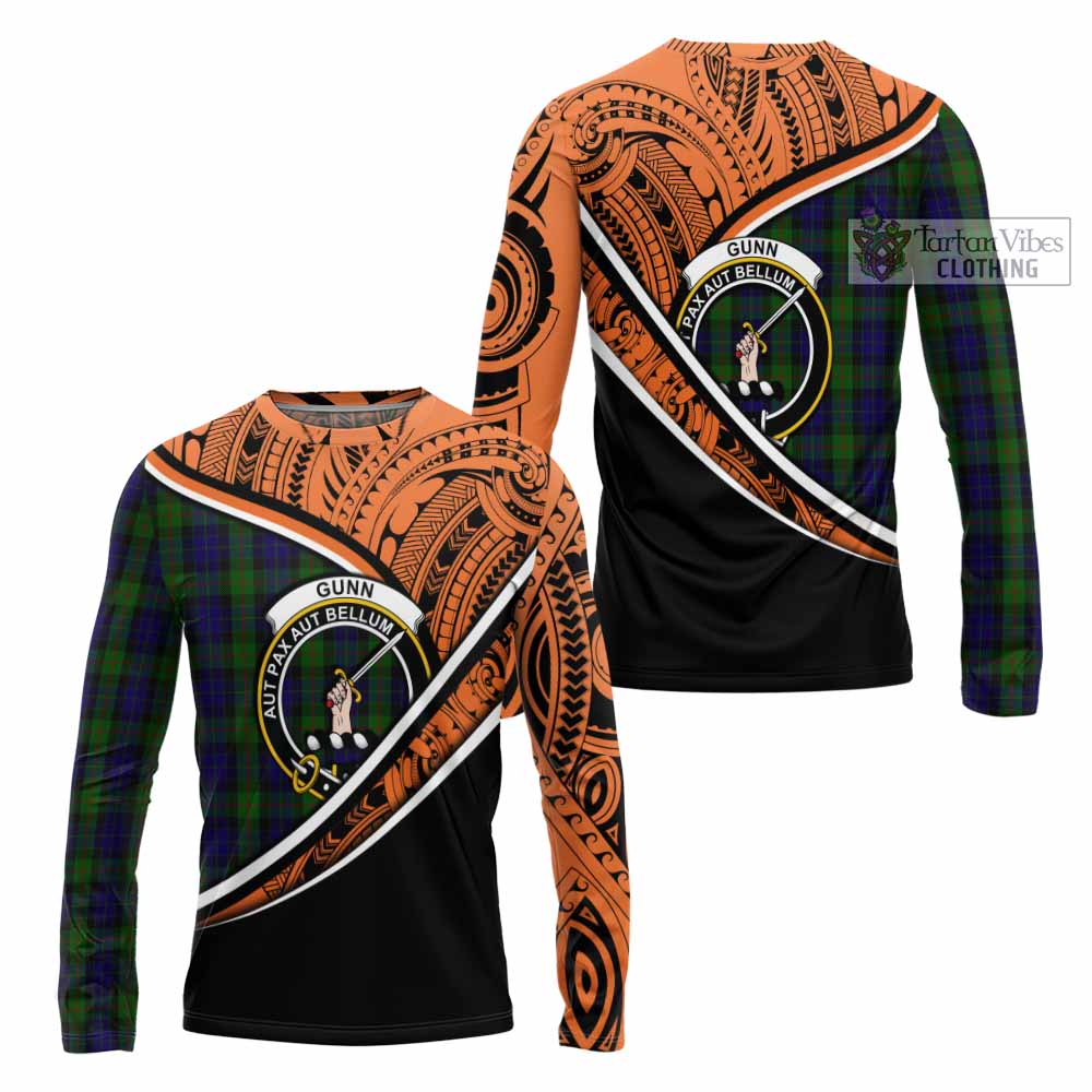 Tartan Vibes Clothing Gunn Crest Tartan Long Sleeve T-Shirt with Maori Tattoo Style - Orange Version