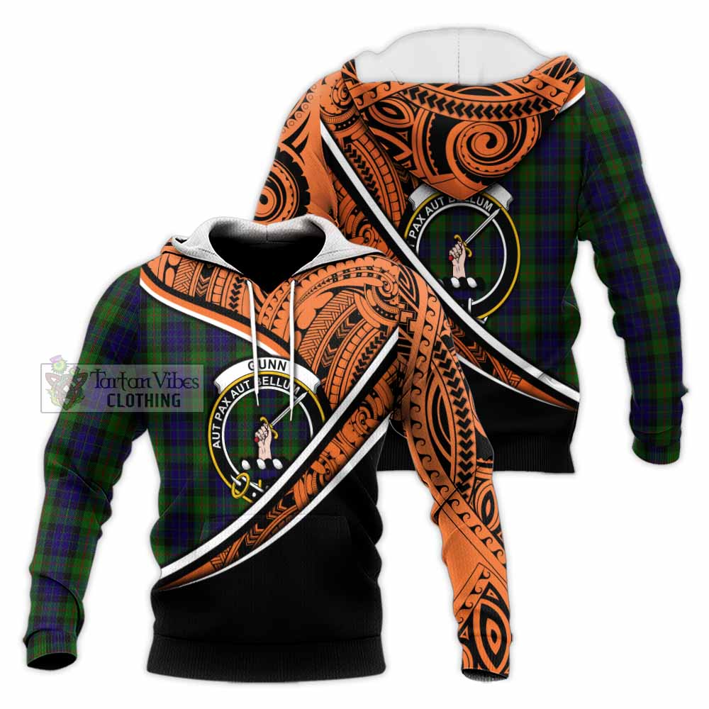 Tartan Vibes Clothing Gunn Crest Tartan Knitted Hoodie with Maori Tattoo Style - Orange Version