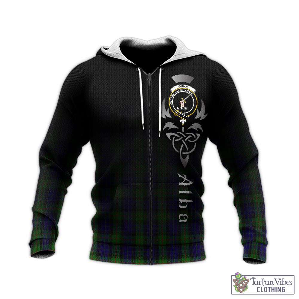 Tartan Vibes Clothing Gunn Tartan Knitted Hoodie Featuring Alba Gu Brath Family Crest Celtic Inspired