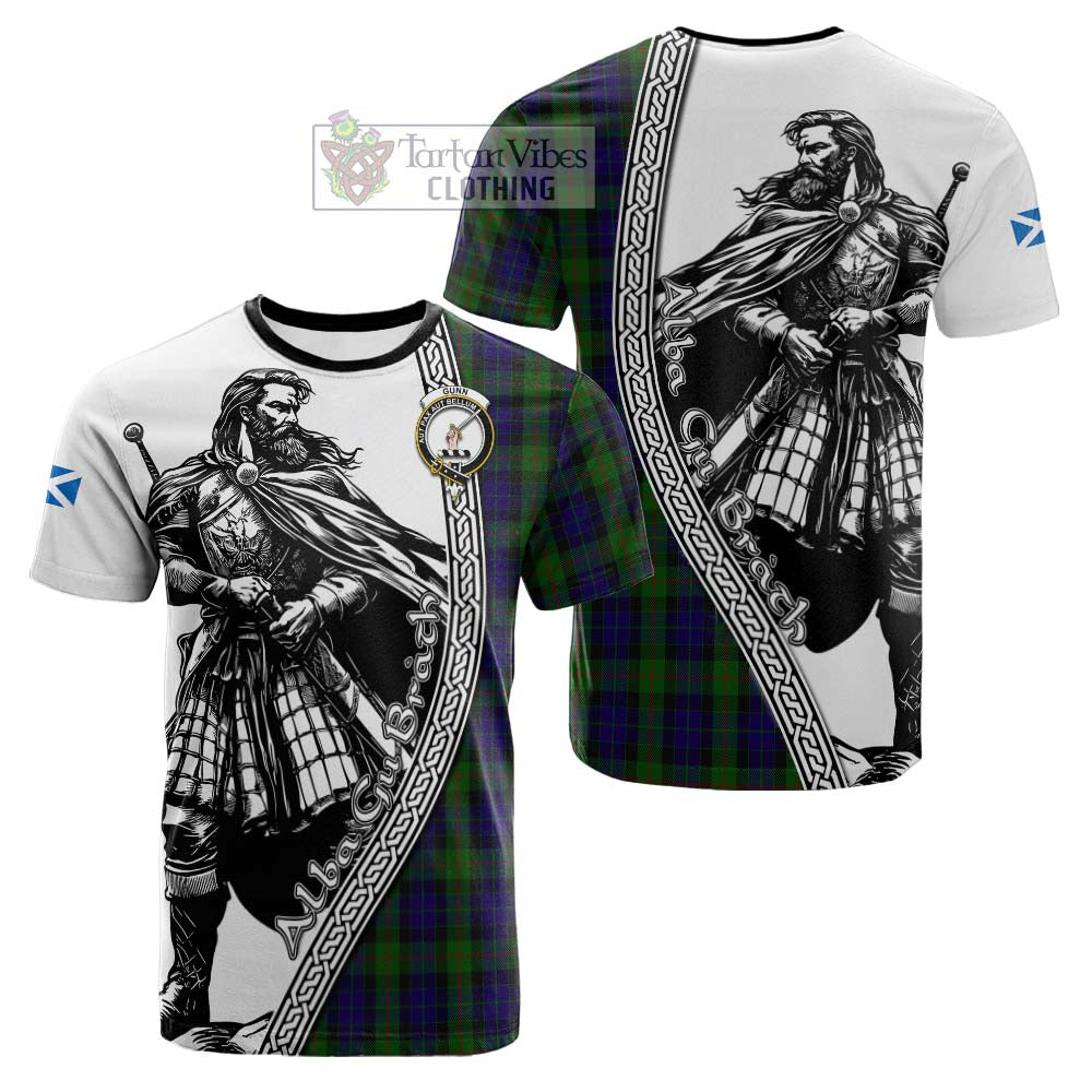 Gunn Tartan Clan Crest Cotton T-shirt with Highlander Warrior Celtic Style