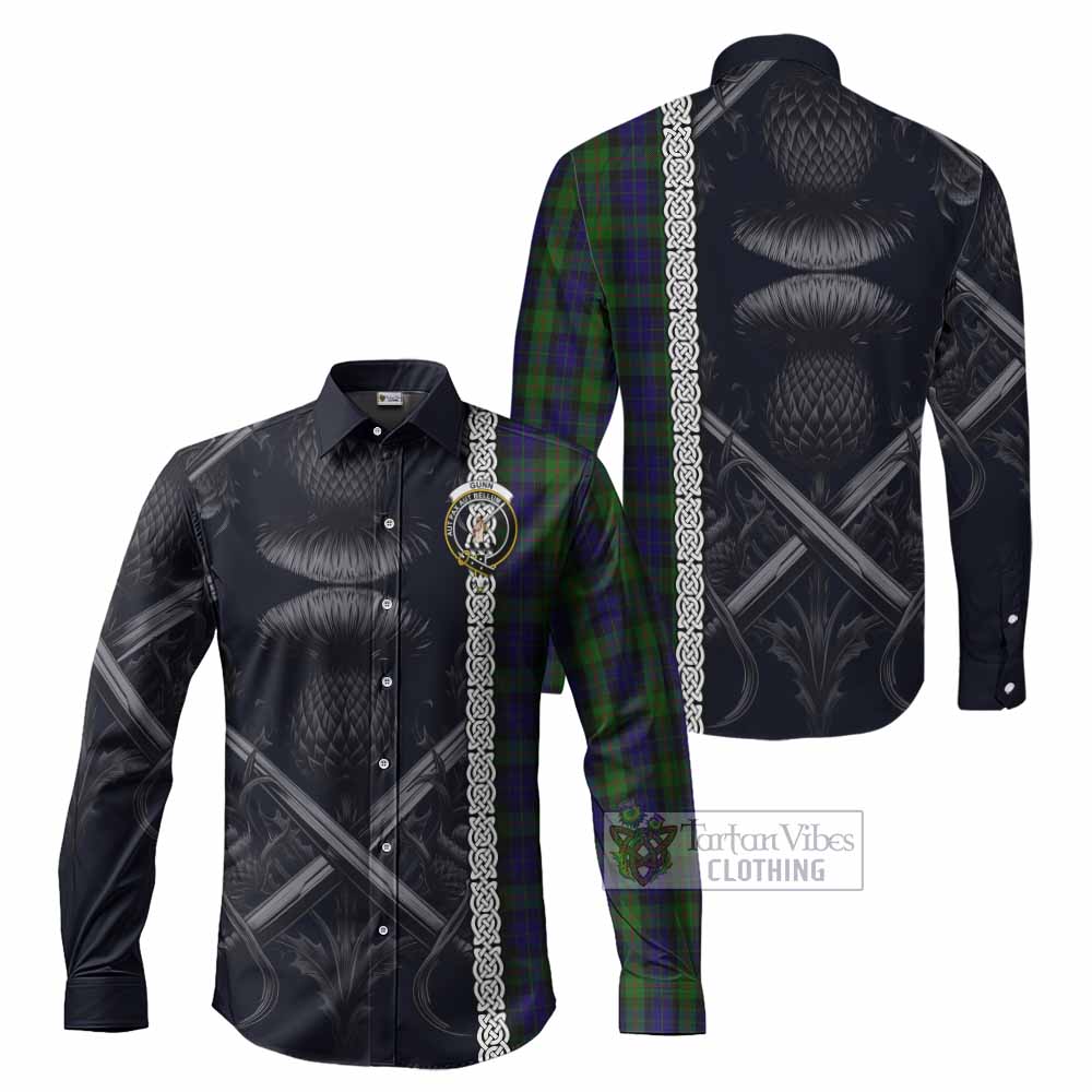 Tartan Vibes Clothing Gunn Tartan Long Sleeve Button Shirt with Family Crest Cross Sword Thistle Celtic Vibes