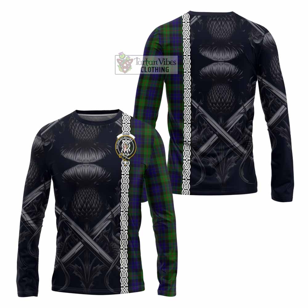 Tartan Vibes Clothing Gunn Tartan Long Sleeve T-Shirt with Family Crest Cross Sword Thistle Celtic Vibes