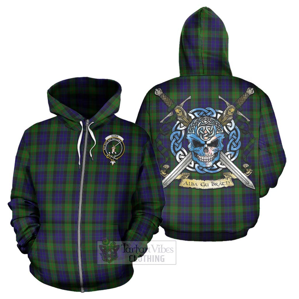 Tartan Vibes Clothing Gunn Tartan Hoodie with Family Crest Celtic Skull Style