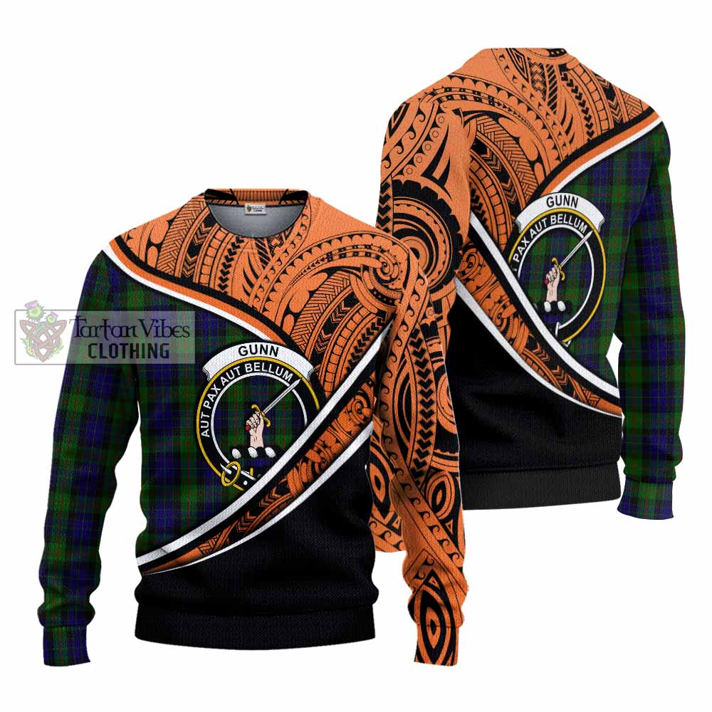 Tartan Vibes Clothing Gunn Crest Tartan Knitted Sweater with Maori Tattoo Style - Orange Version