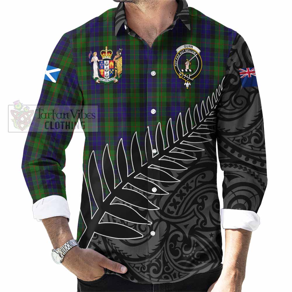 Tartan Vibes Clothing Gunn Crest Tartan Long Sleeve Button Shirt with New Zealand Silver Fern Half Style