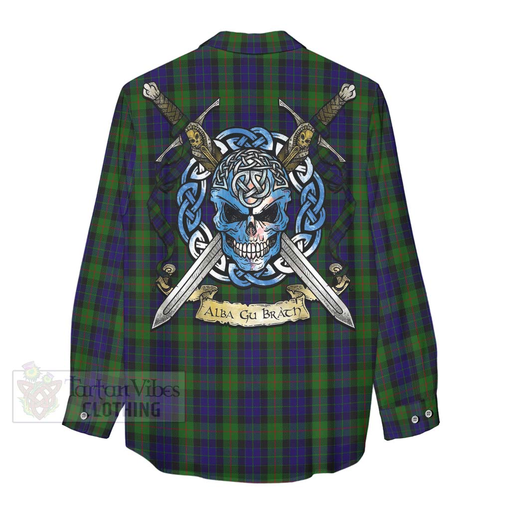 Tartan Vibes Clothing Gunn Tartan Women's Casual Shirt with Family Crest Celtic Skull Style