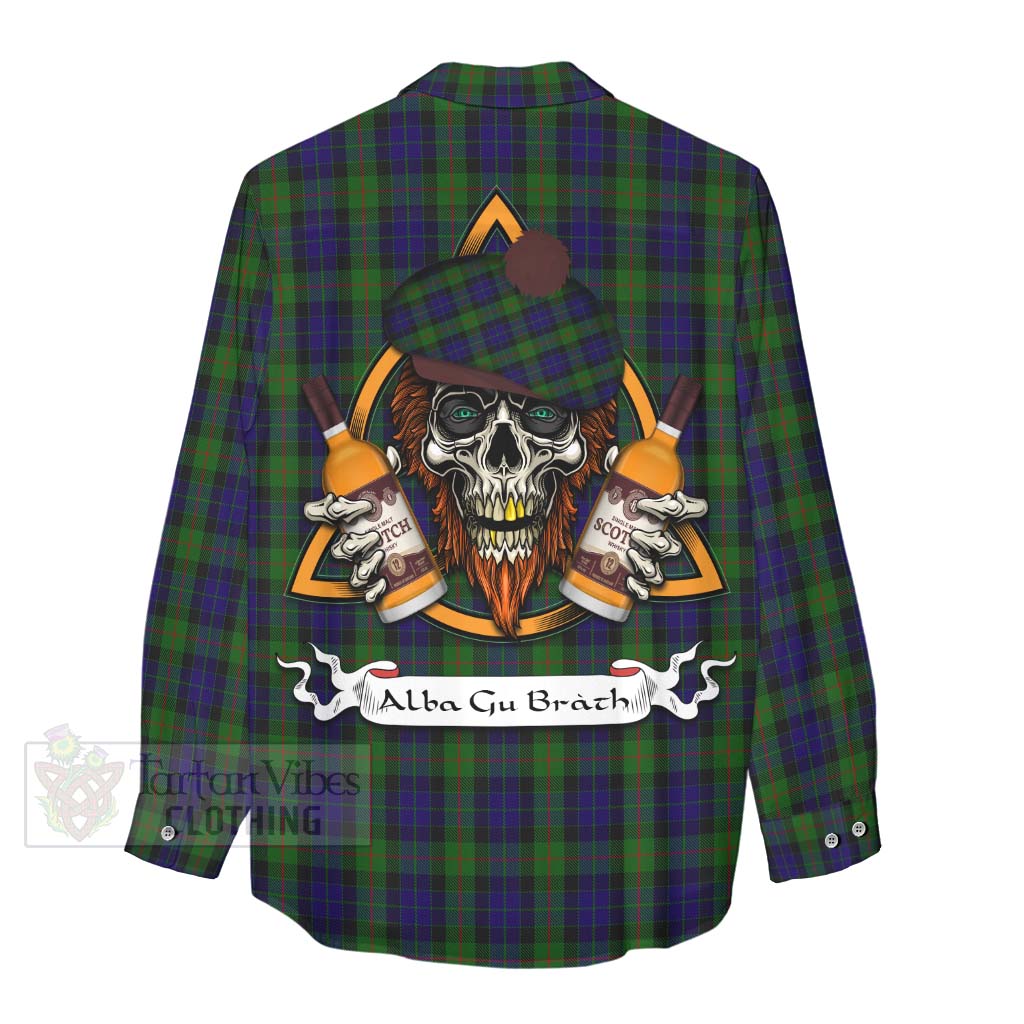 Tartan Vibes Clothing Gunn Tartan Women's Casual Shirt with Family Crest and Bearded Skull Holding Bottles of Whiskey