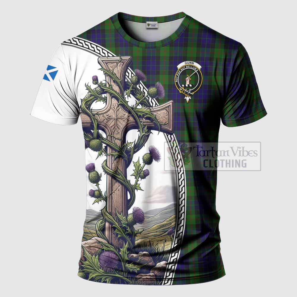 Tartan Vibes Clothing Gunn Agnew Tartan T-Shirt with Family Crest and St. Andrew's Cross Accented by Thistle Vines