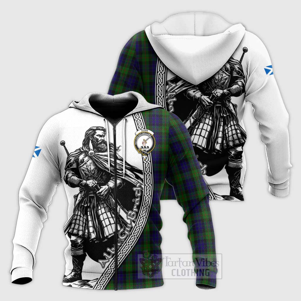 Tartan Vibes Clothing Gunn Tartan Clan Crest Knitted Hoodie with Highlander Warrior Celtic Style