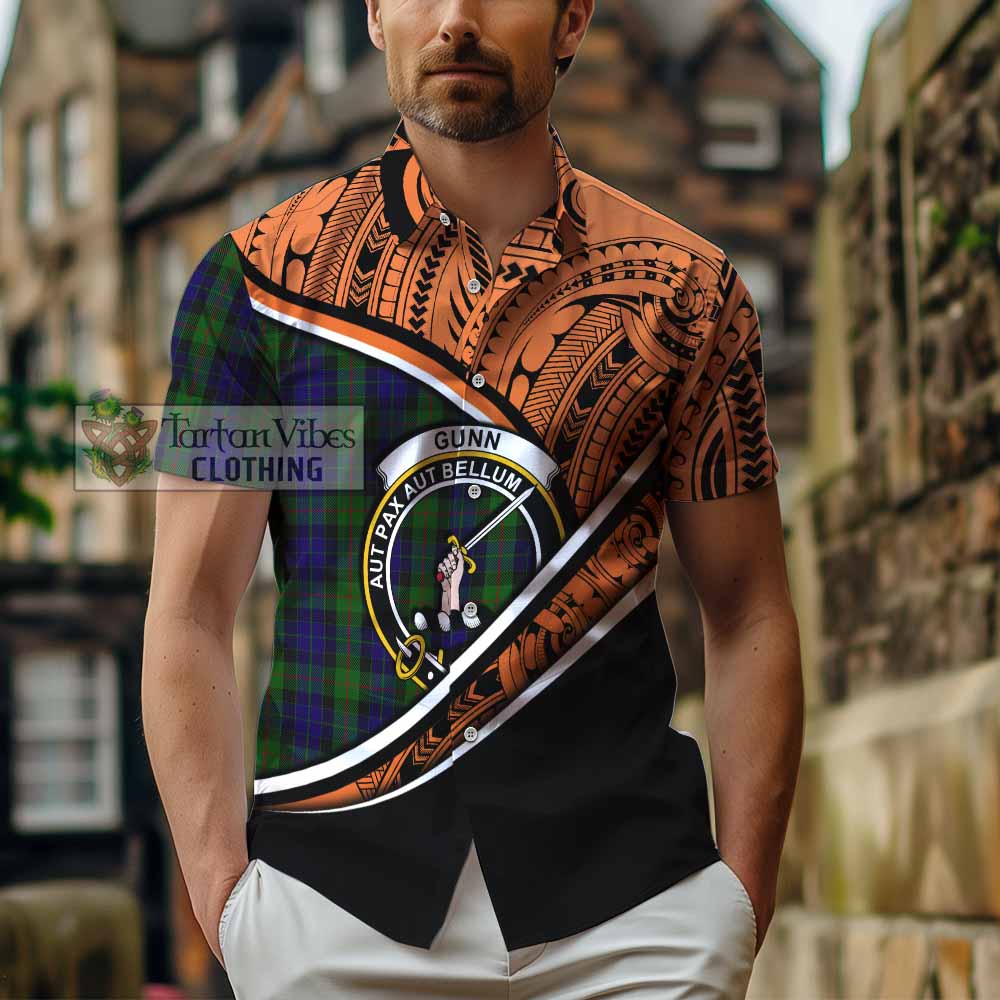 Tartan Vibes Clothing Gunn Crest Tartan Short Sleeve Button Shirt with Maori Tattoo Style - Orange Version