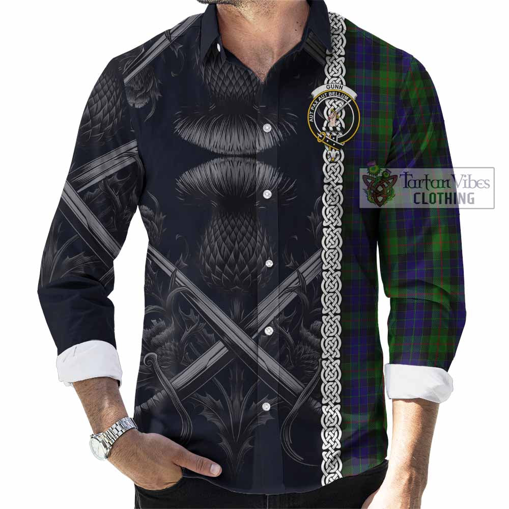 Tartan Vibes Clothing Gunn Tartan Long Sleeve Button Shirt with Family Crest Cross Sword Thistle Celtic Vibes