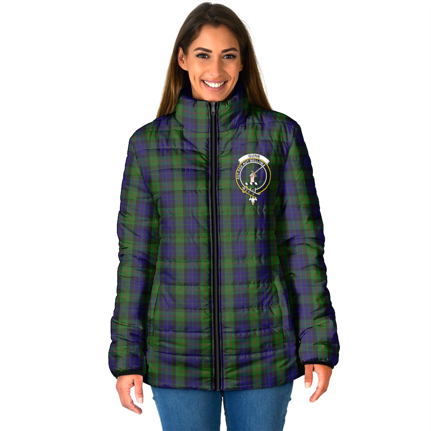 Gunn Tartan Padded Jacket with Family Crest - Tartan Vibes Clothing