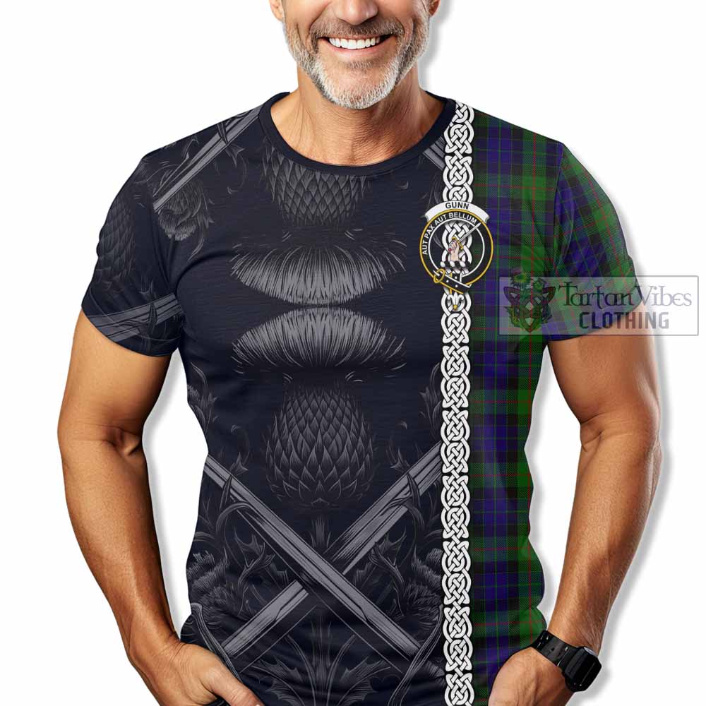 Tartan Vibes Clothing Gunn Tartan T-Shirt with Family Crest Cross Sword Thistle Celtic Vibes