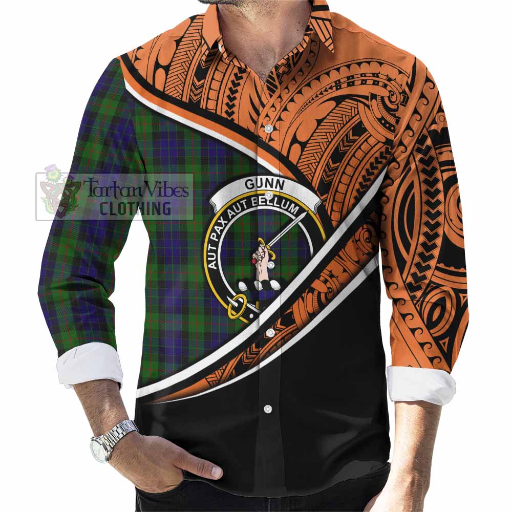 Tartan Vibes Clothing Gunn Crest Tartan Long Sleeve Button Shirt with Maori Tattoo Style - Orange Version