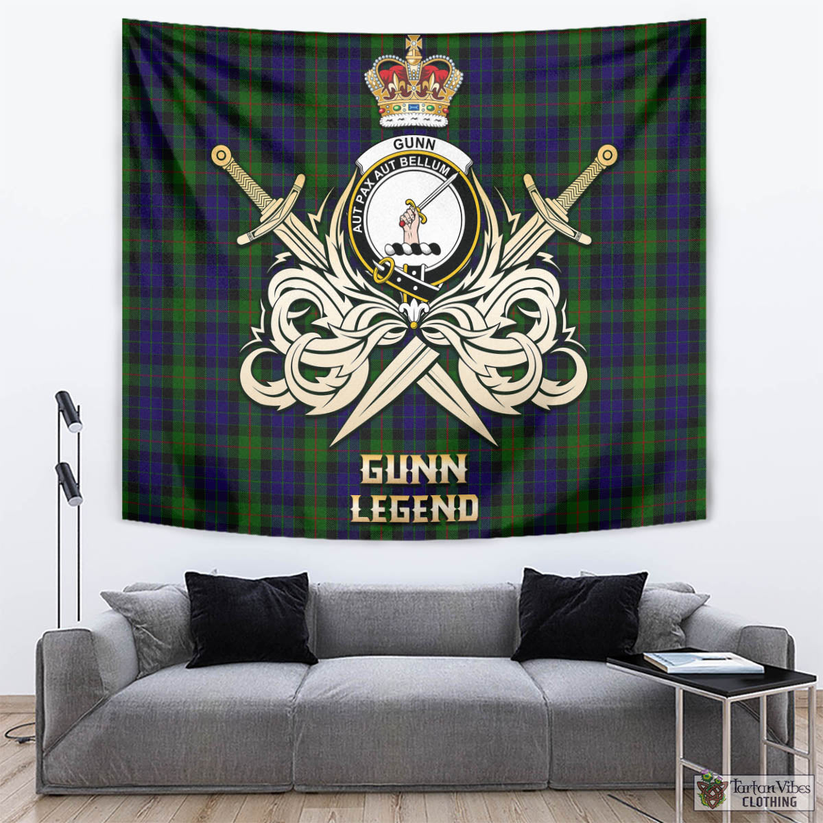 Tartan Vibes Clothing Gunn Tartan Tapestry with Clan Crest and the Golden Sword of Courageous Legacy