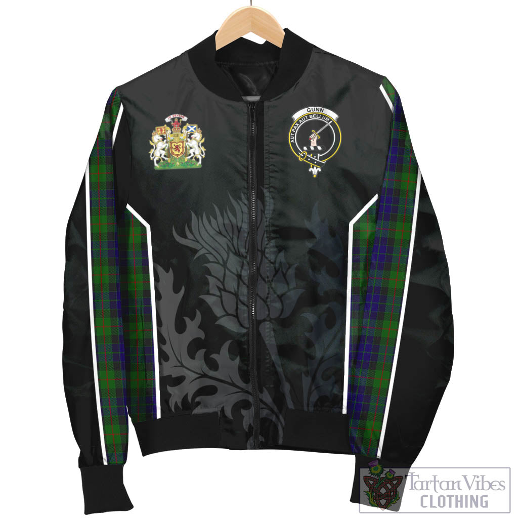 Tartan Vibes Clothing Gunn Tartan Bomber Jacket with Family Crest and Scottish Thistle Vibes Sport Style