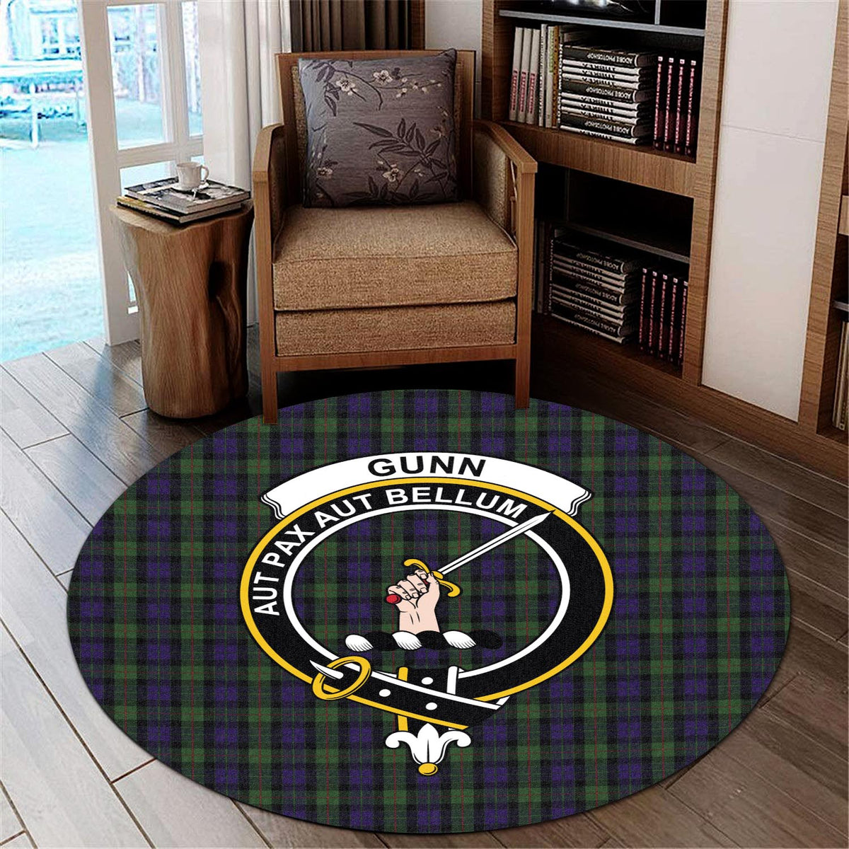 Gunn Tartan Round Rug with Family Crest - Tartan Vibes Clothing
