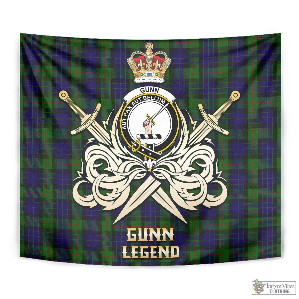 Tartan Vibes Clothing Gunn Tartan Tapestry with Clan Crest and the Golden Sword of Courageous Legacy