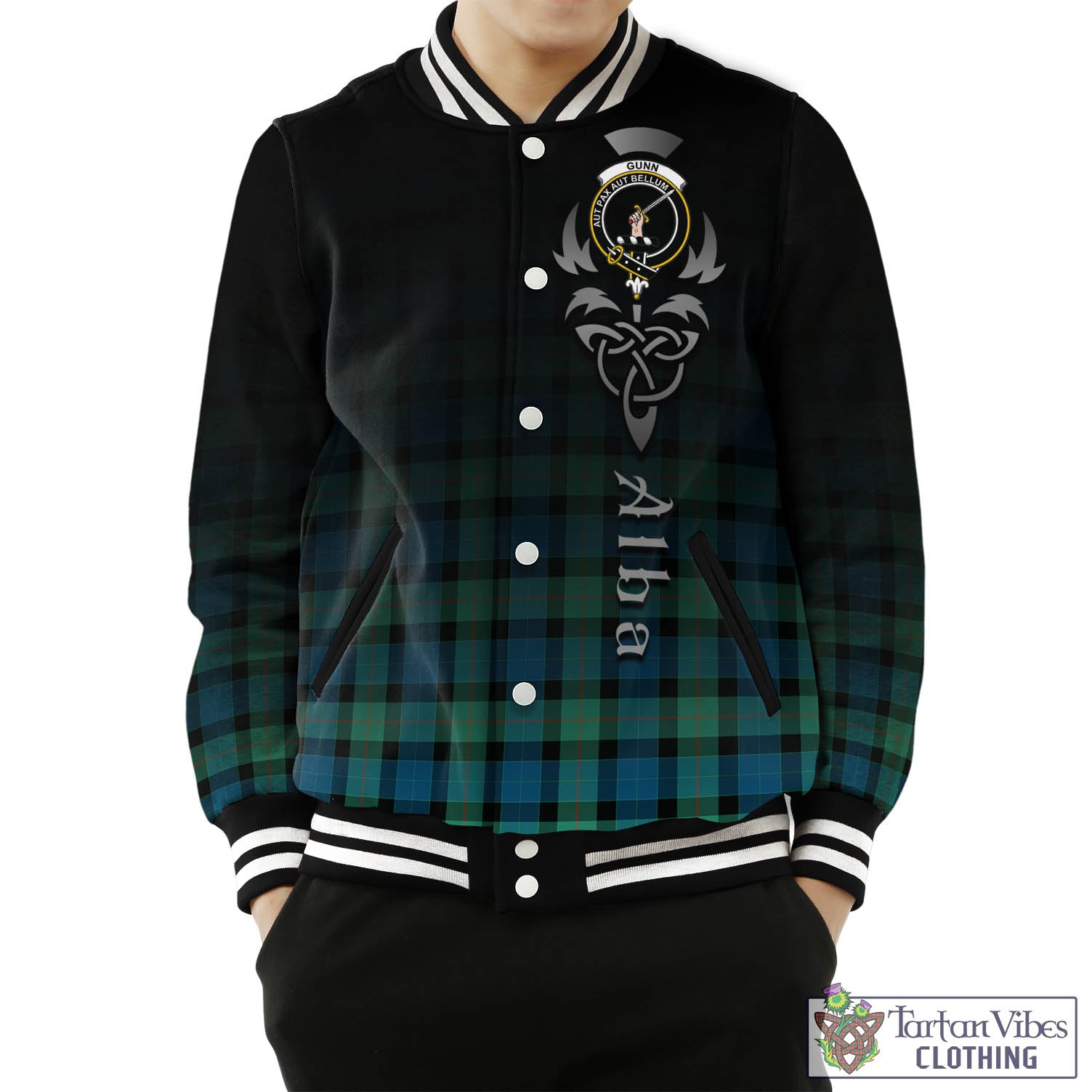 Tartan Vibes Clothing Gunn Ancient Tartan Baseball Jacket Featuring Alba Gu Brath Family Crest Celtic Inspired