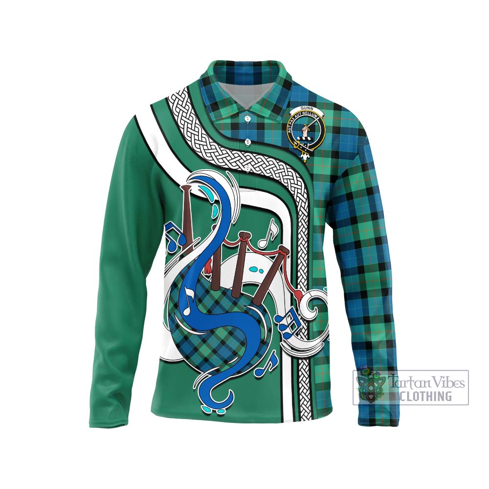 Tartan Vibes Clothing Gunn Ancient Tartan Long Sleeve Polo Shirt with Epic Bagpipe Style