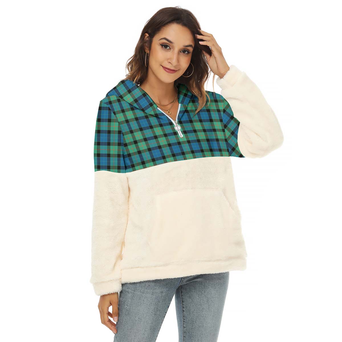 Gunn Ancient Tartan Women's Borg Fleece Hoodie With Half Zip Female - Tartan Vibes Clothing