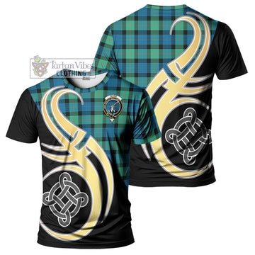 Gunn Ancient Tartan T-Shirt with Family Crest and Celtic Symbol Style