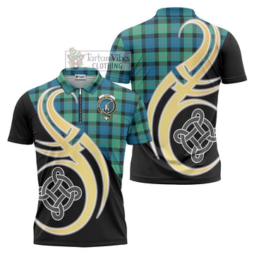 Gunn Ancient Tartan Zipper Polo Shirt with Family Crest and Celtic Symbol Style