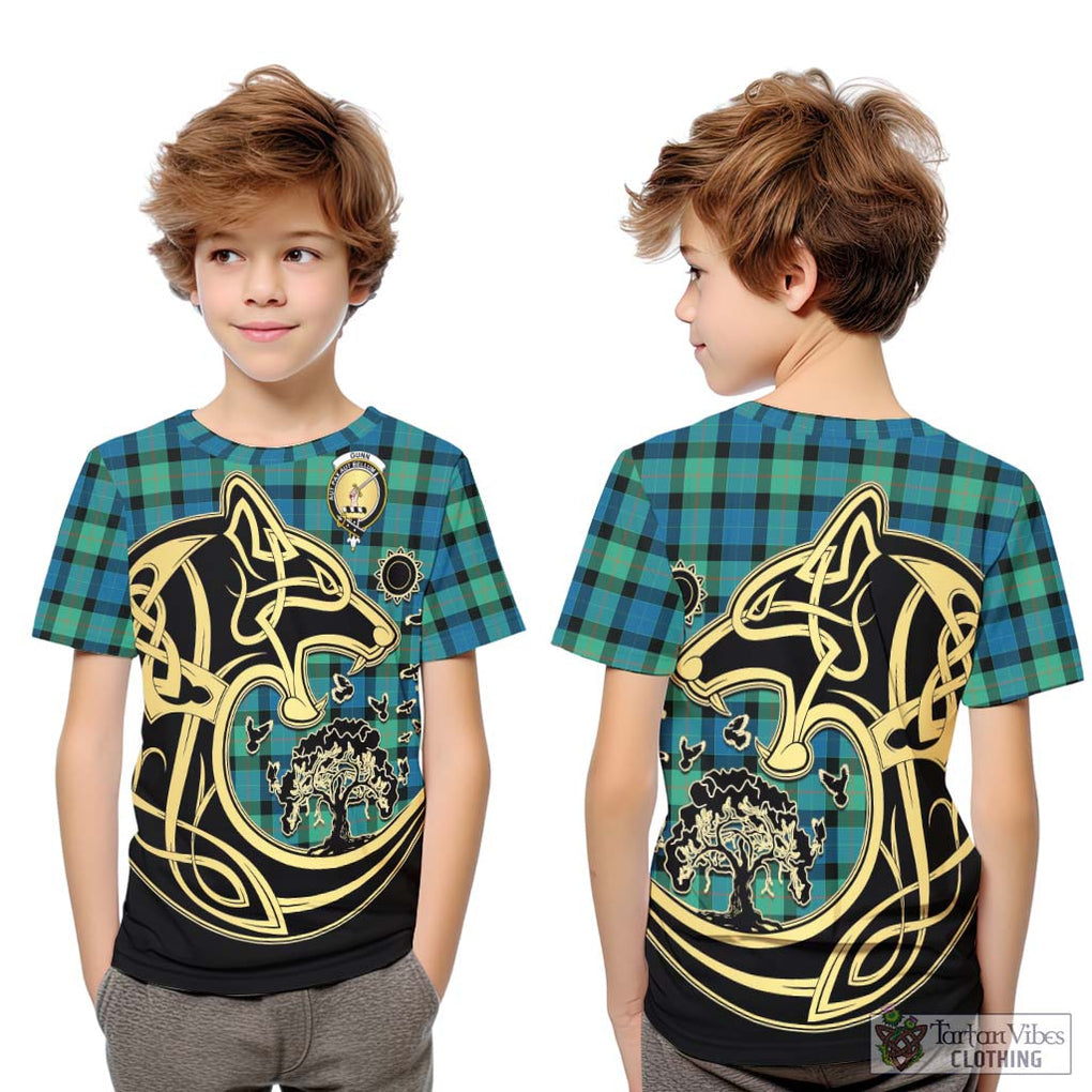 Gunn Ancient Tartan Kid T-Shirt with Family Crest Celtic Wolf Style Youth XL Size14 - Tartan Vibes Clothing