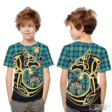 Gunn Ancient Tartan Kid T-Shirt with Family Crest Celtic Wolf Style